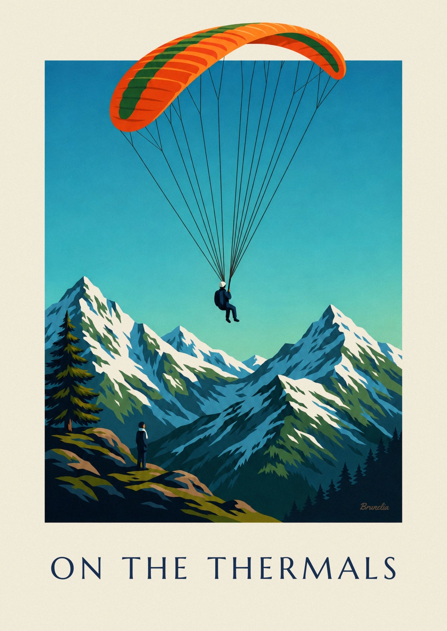 Paraglider in a blue suit and white helmet, hanging from his lines above the snowy peaks