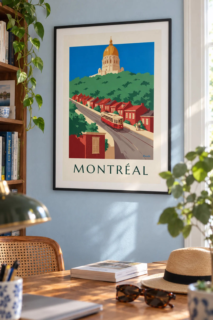 Poster of a red tram climbing toward Saint Joseph’s Oratory: framed on the wall