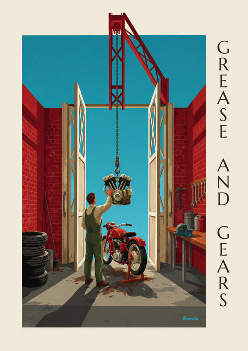 Poster of a classic motorcycle in a brick mechanic’s workshop: the full poster