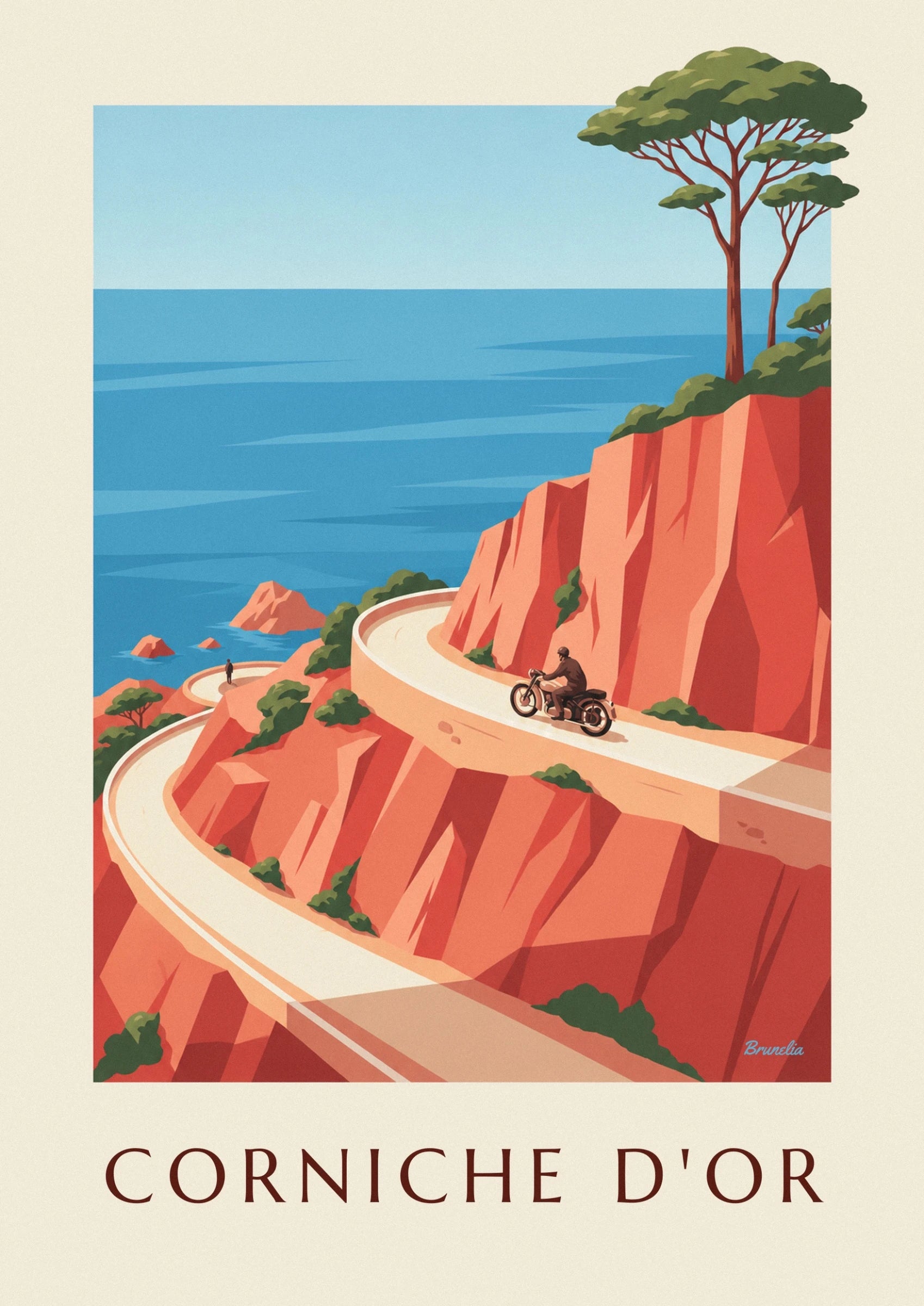 Le motard en tenue brune sur sa moto, entre les falaises orangées de l’Estérel