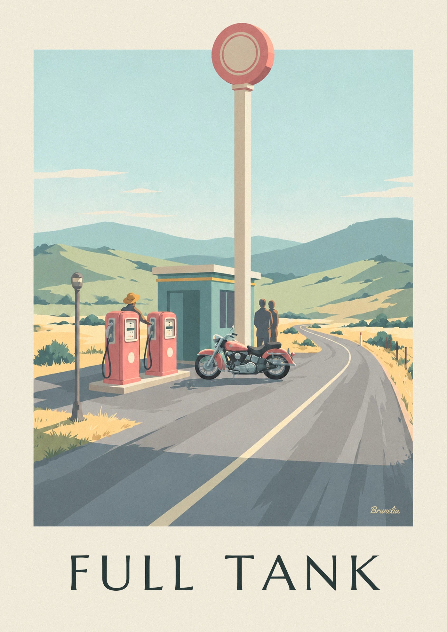 Coral-red motorbike with chrome details parked in front of 2 figures, near the small green building