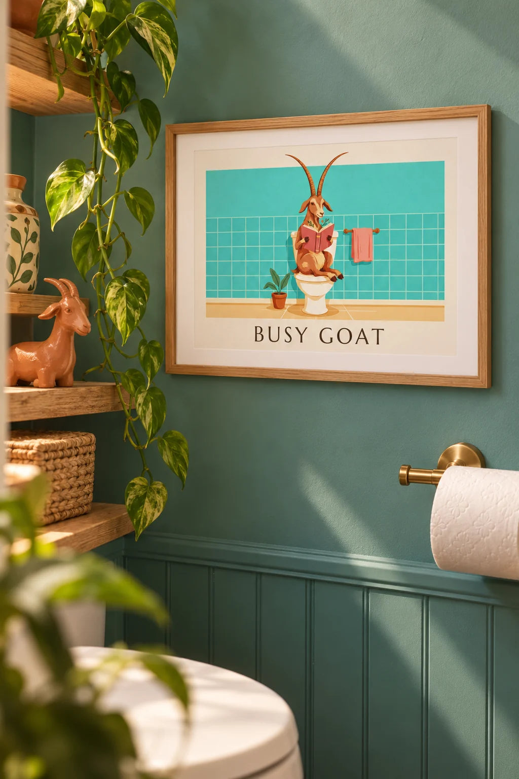 Toilet: sfeerbeeld van Grappige poster van een geit die op het toilet leest