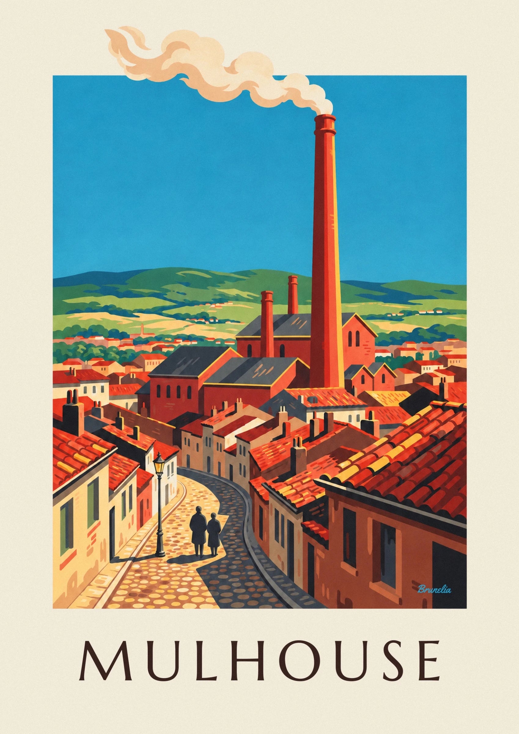 The tall red factory chimneys of Mulhouse against a backdrop of green hills