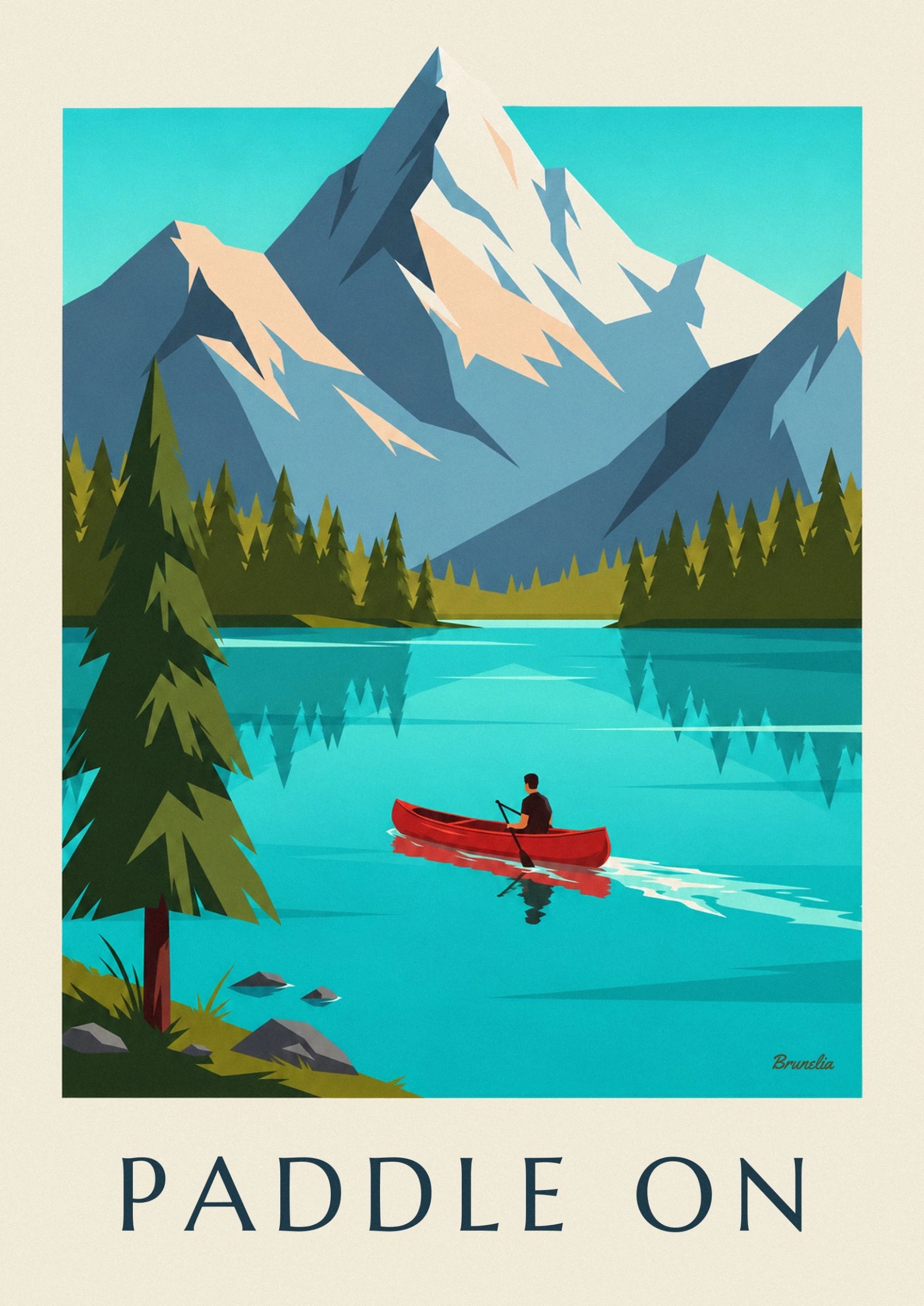 Un pagayeur en t-shirt noir dans un canoë rouge sur le lac turquoise