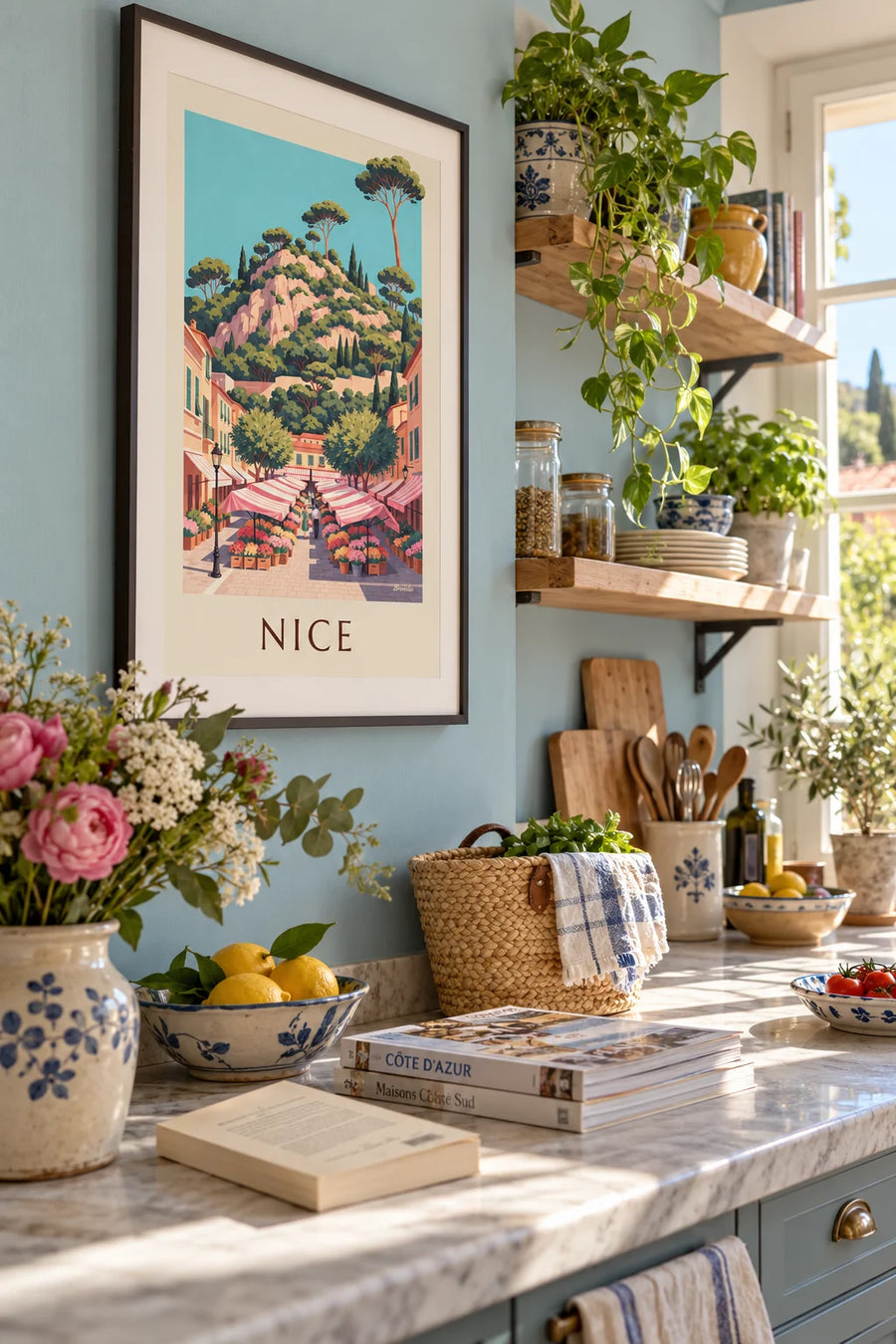 Poster bloemenmarkt aan de Cours Saleya in Nice: ingelijst aan de muur