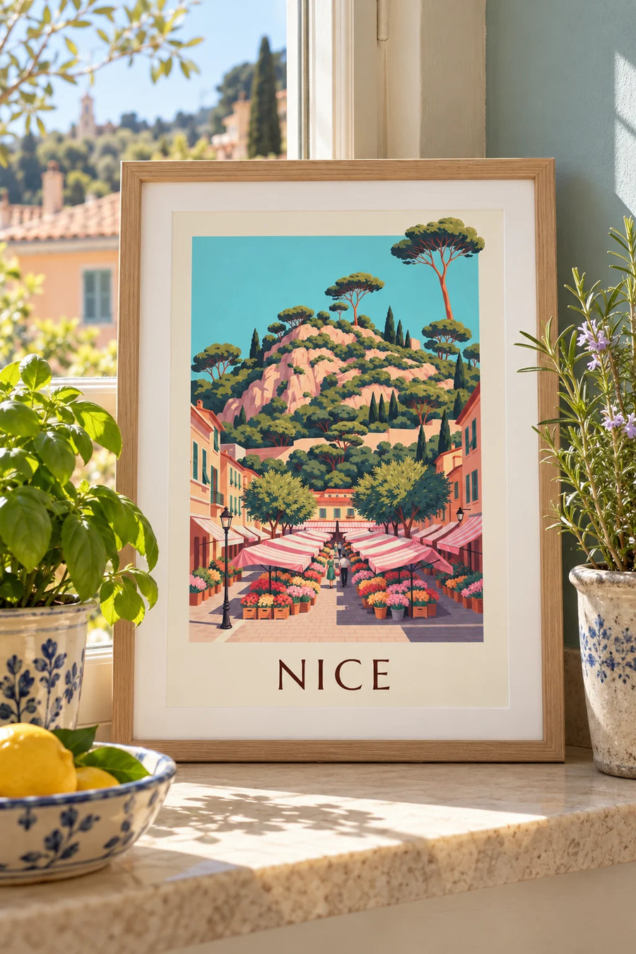 Poster bloemenmarkt aan de Cours Saleya in Nice: klein formaat A4 ingelijst