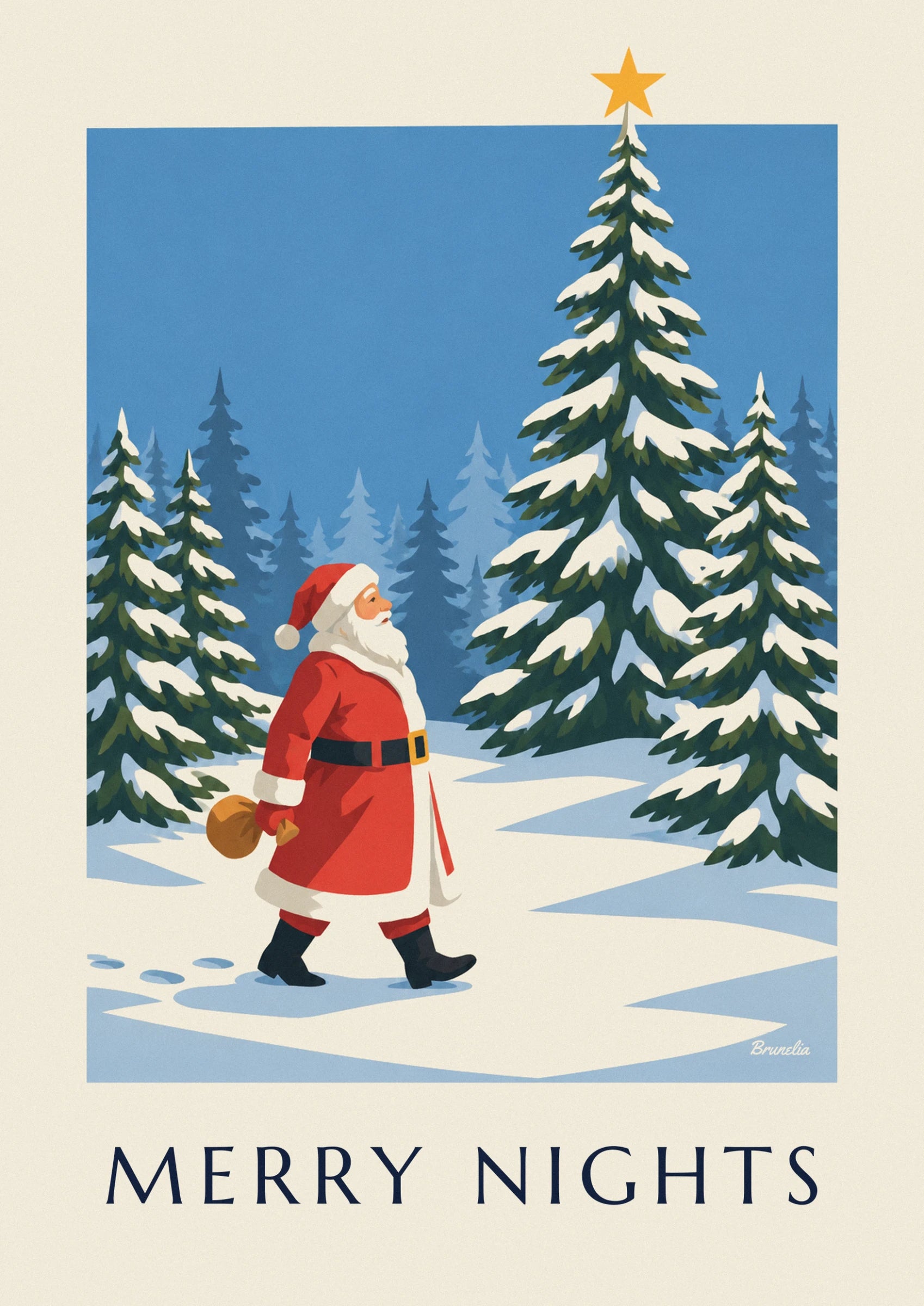 Le Père Noël en manteau rouge, son sac de cadeaux à la main, marchant dans la neige