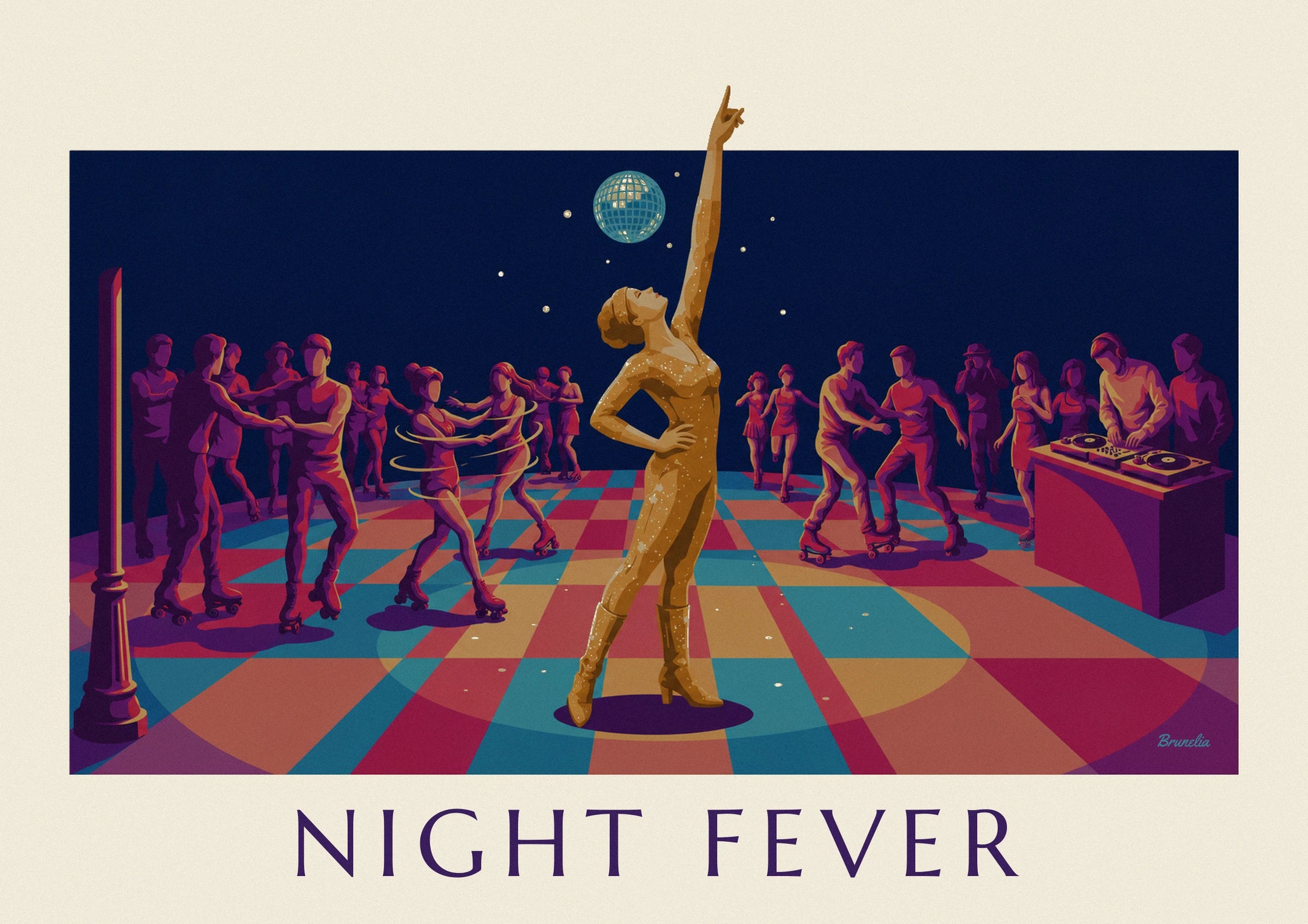 The pair of skaters in purple holding hands on the multicoloured disco floor
