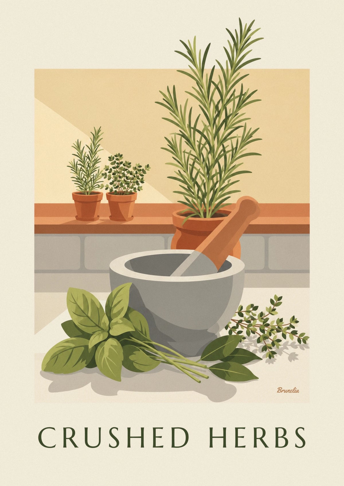 Affiche mortier, pilon et herbes aromatiques