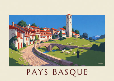 Affiche village basque, maisons à colombages et moutons : l'affiche entière