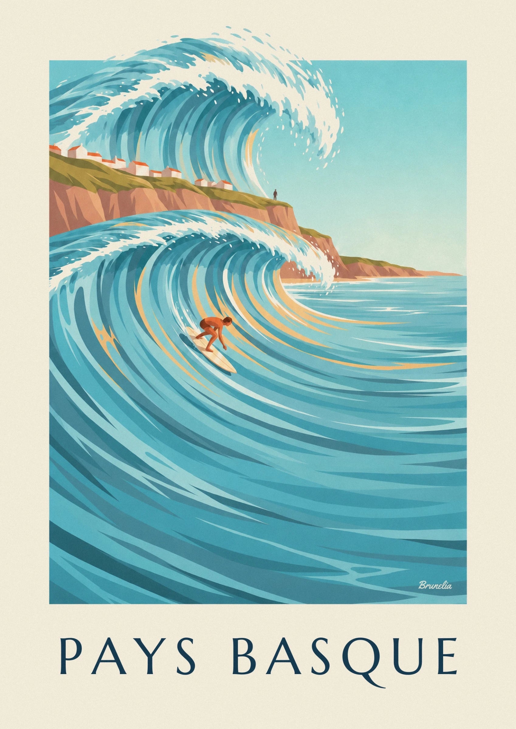 Le surfeur accroupi sur sa planche crème, au creux d’une vague turquoise