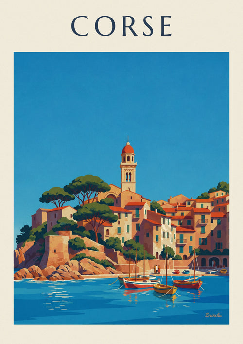 Poster van een Corsicaans kustdorp met een klein haventje aan de Middellandse Zee: de hele poster