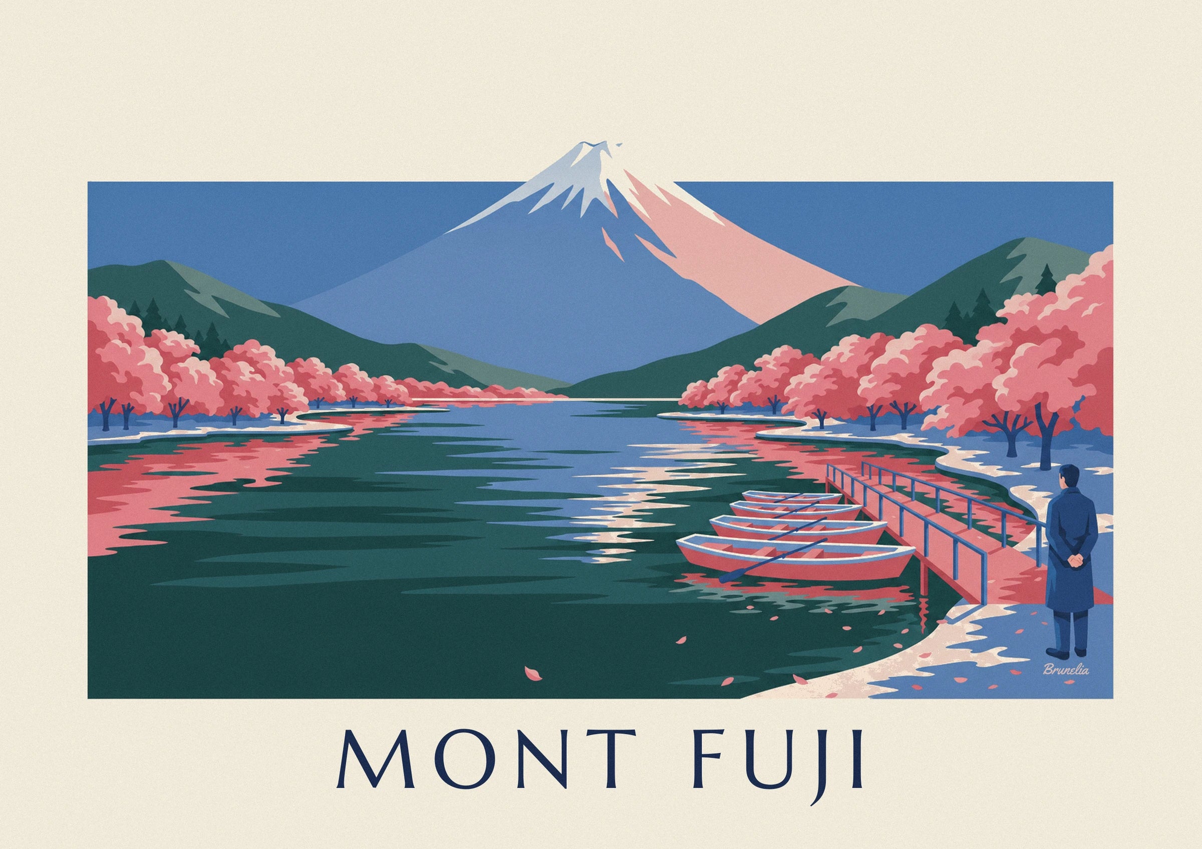 Le mont Fuji bleu et rose qui domine le lac, cerisiers en fleurs sur la rive