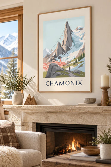 Affiche aiguille du Midi et téléphérique au-dessus de Chamonix : encadrée au mur