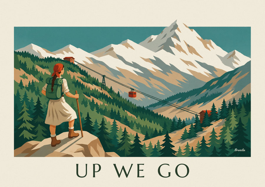 Poster wandelaarster voor een kabelbaan en een besneeuwde berg