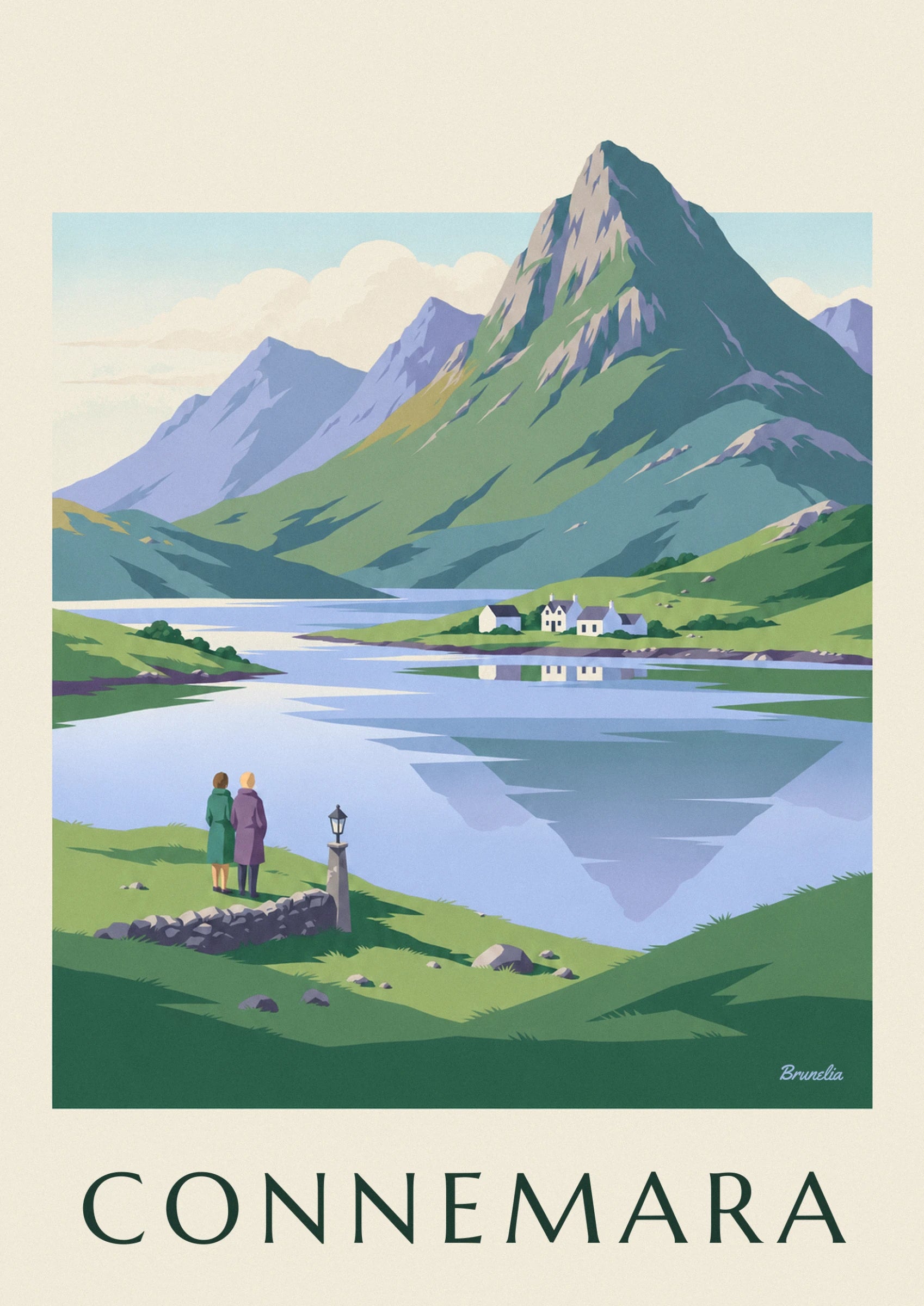 Flanc de montagne vert et rocheux, et les maisons blanches au bord du lac