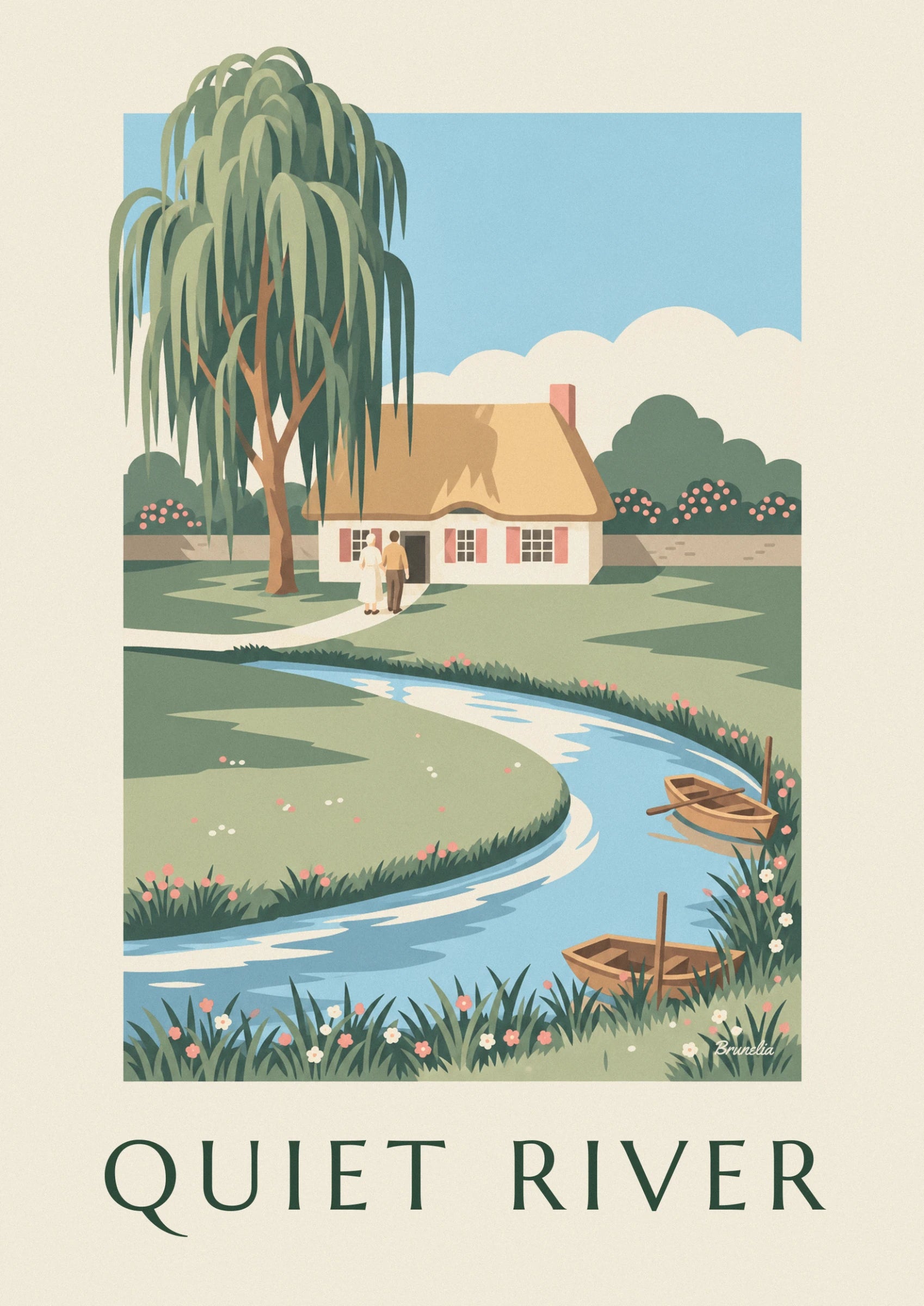 Het stel bij de deur van de cottage met rieten dak en roze luiken