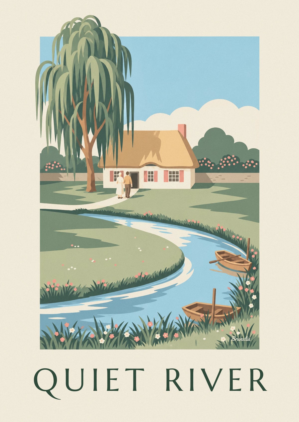 Cottage and rowboat on a quiet river poster