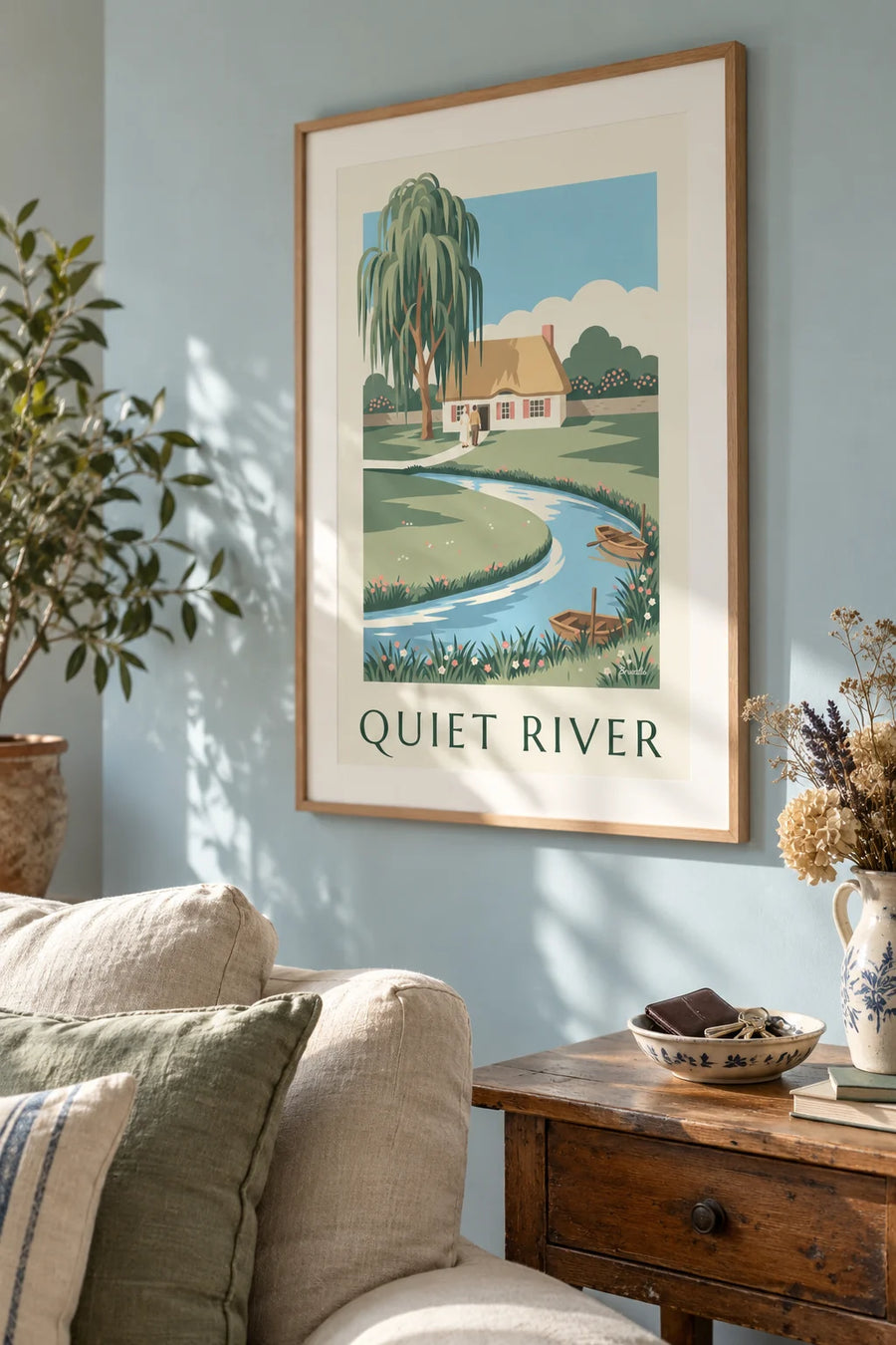 Poster cottage en roeibootje aan een rustige rivier: ingelijst aan de muur
