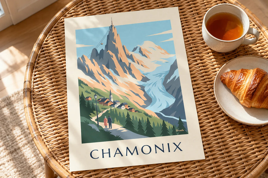 Poster Mont Blanc-massief gezien vanuit Chamonix: op een tafel