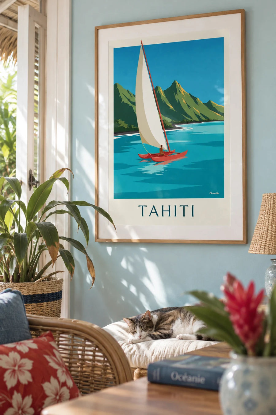 Poster bergen van Tahiti en zeilpiroog in de lagune: ingelijst aan de muur