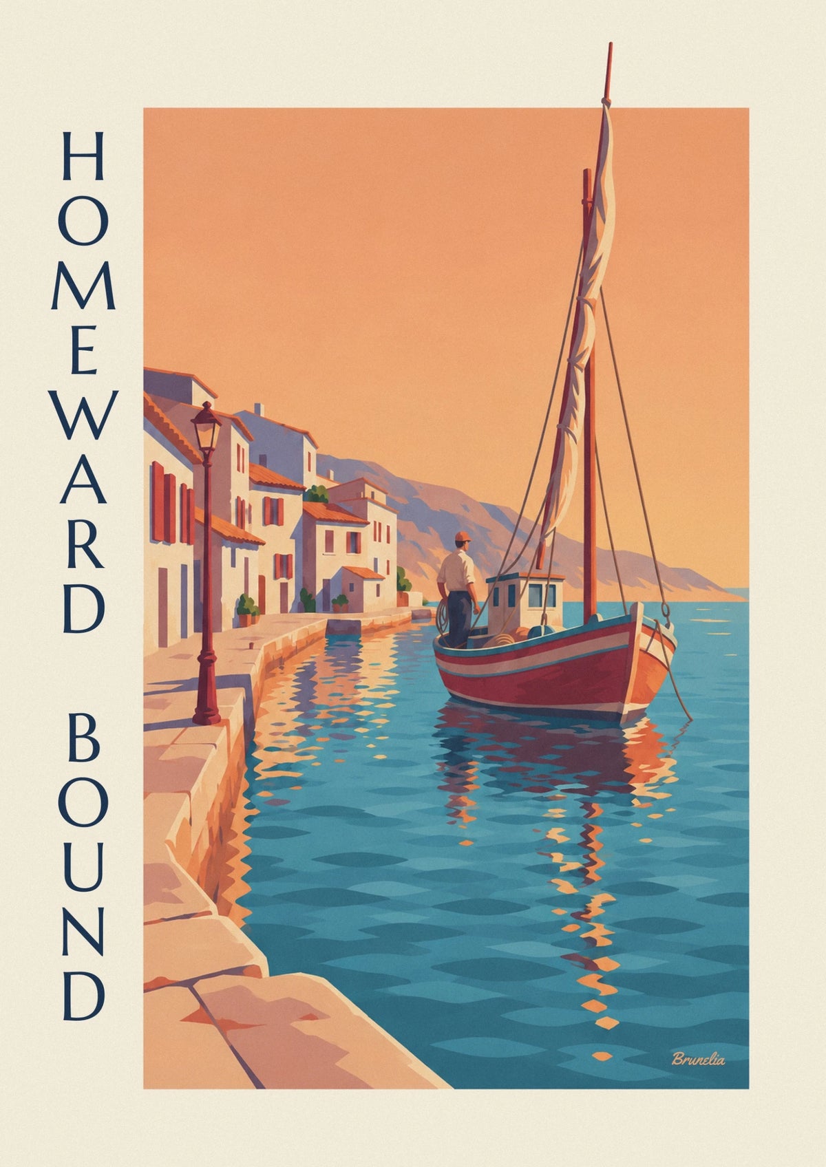 Affiche bateau de pêche traditionnel rentrant au port au couchant