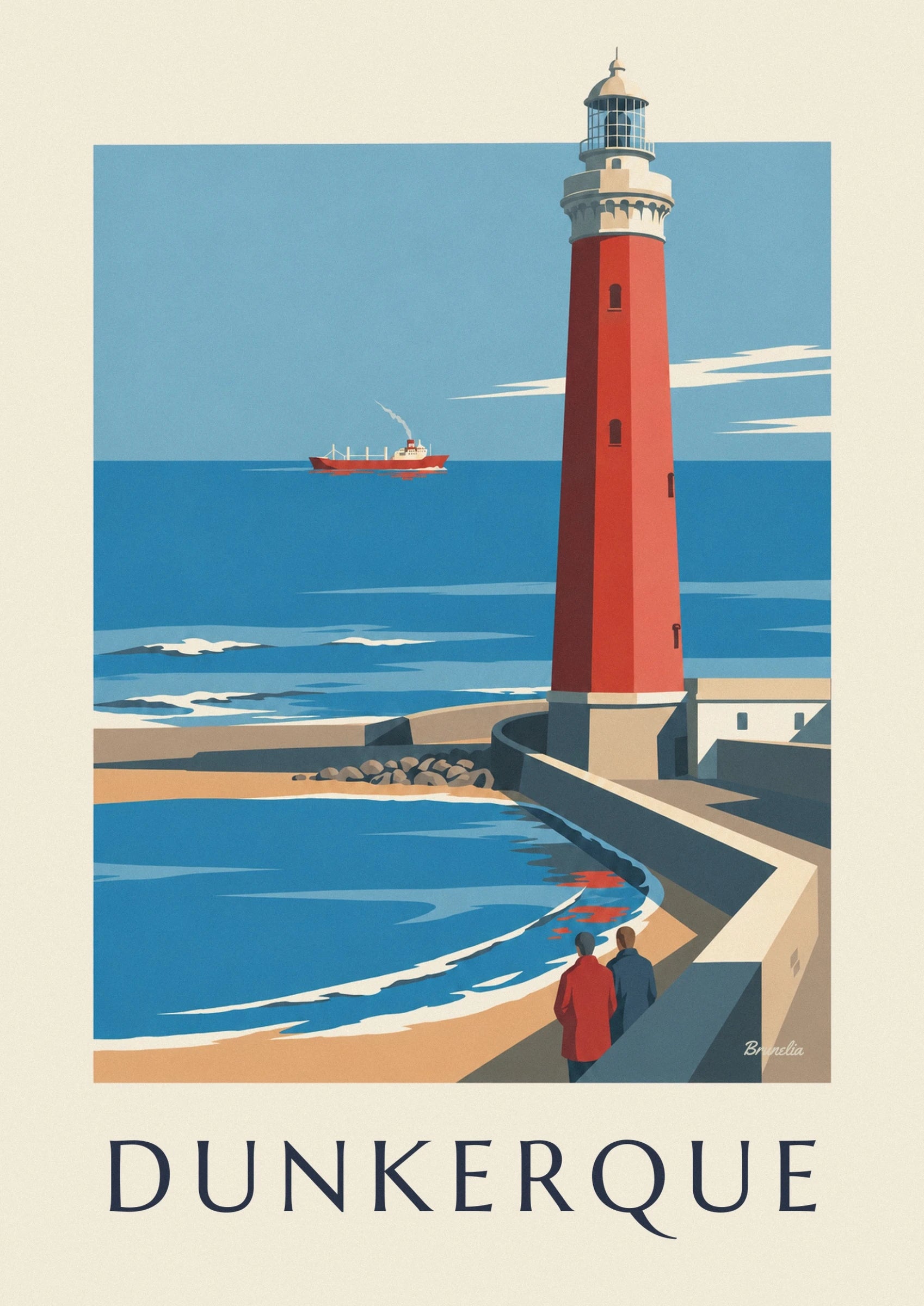 The red Risban lighthouse and its white crown against the blue sea
