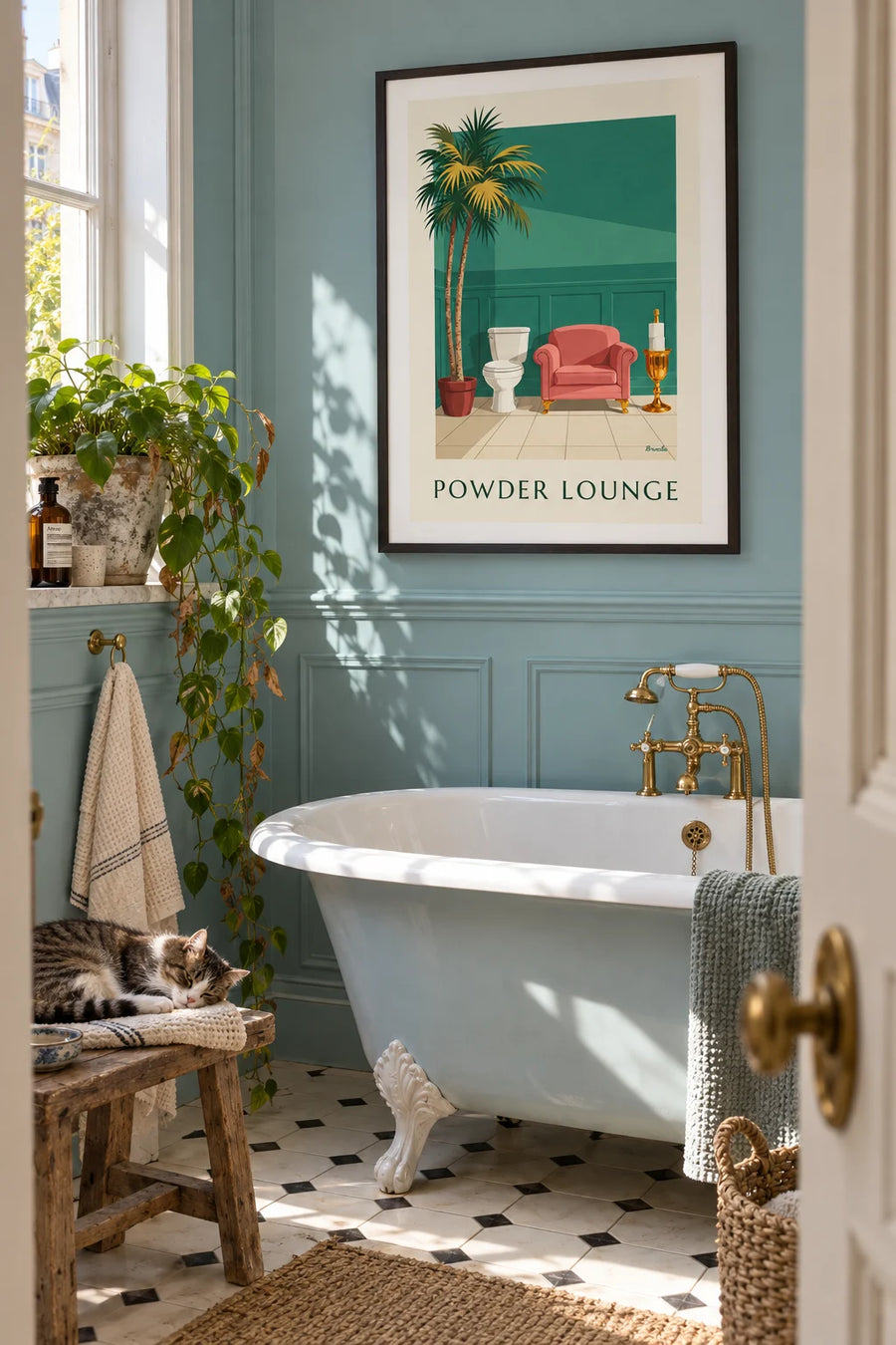 Affiche humoristique toilettes façon lounge et papier toilette : encadrée au mur