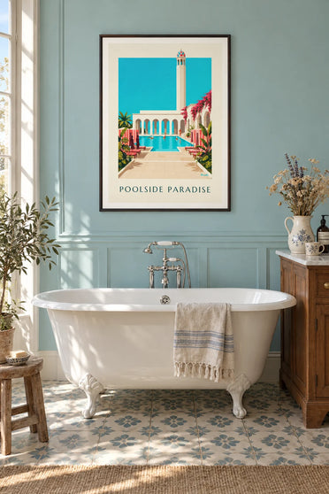 Elegant swimming pool and exotic vegetation poster: framed on the wall