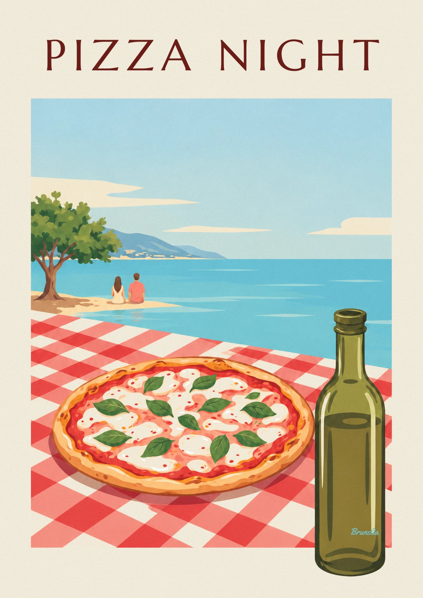 De pizza met mozzarella en basilicum op het rode geruite tafelkleed, tegenover een stel dat aan het water zit