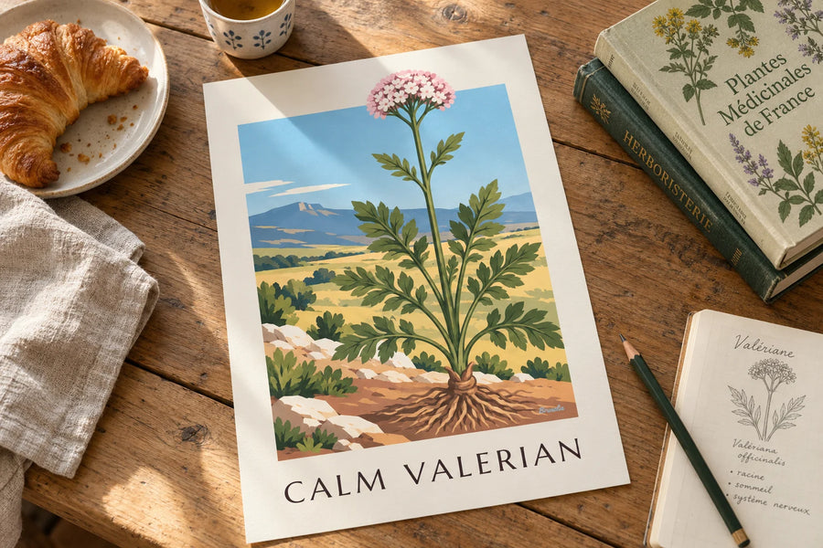 Poster echte valeriaan, geneeskrachtige plant: op een tafel