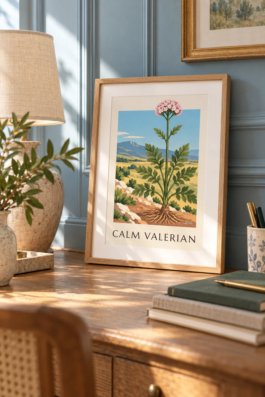 Poster echte valeriaan, geneeskrachtige plant: klein A4-formaat ingelijst