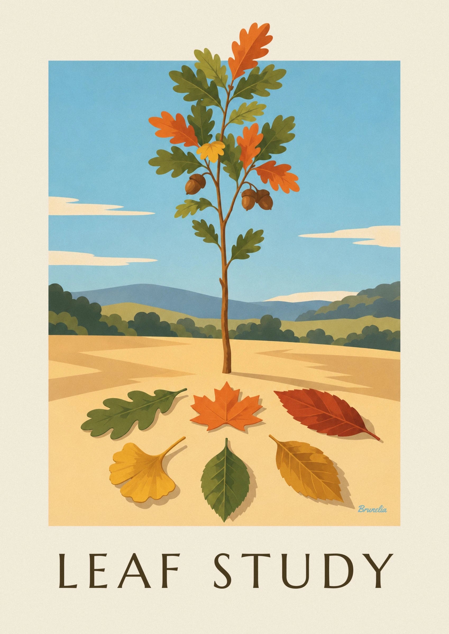 An oak branch with green and orange leaves and brown acorns
