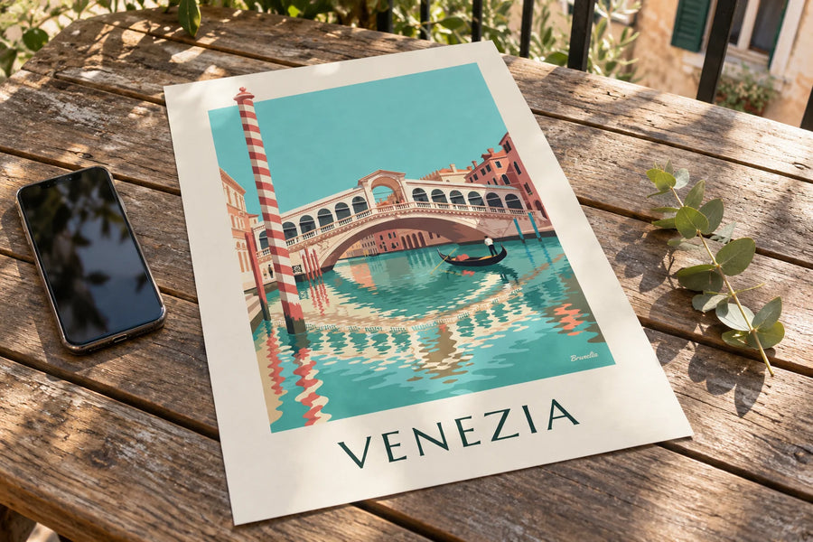 Poster Rialtobrug en gondel op het Canal Grande in Venetië: poster op een tafel