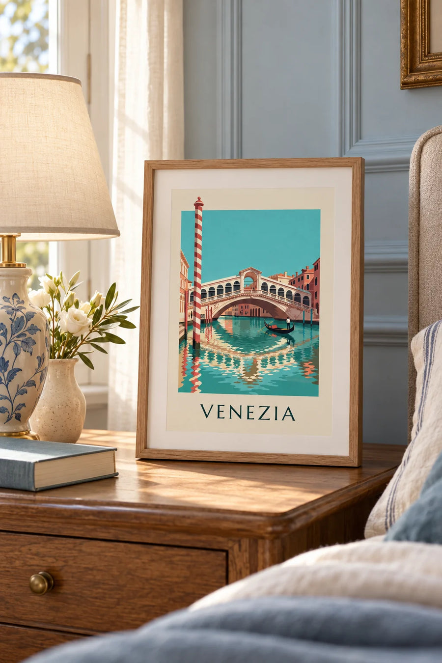 Poster Rialtobrug en gondel op het Canal Grande in Venetië: klein formaat A4, ingelijst