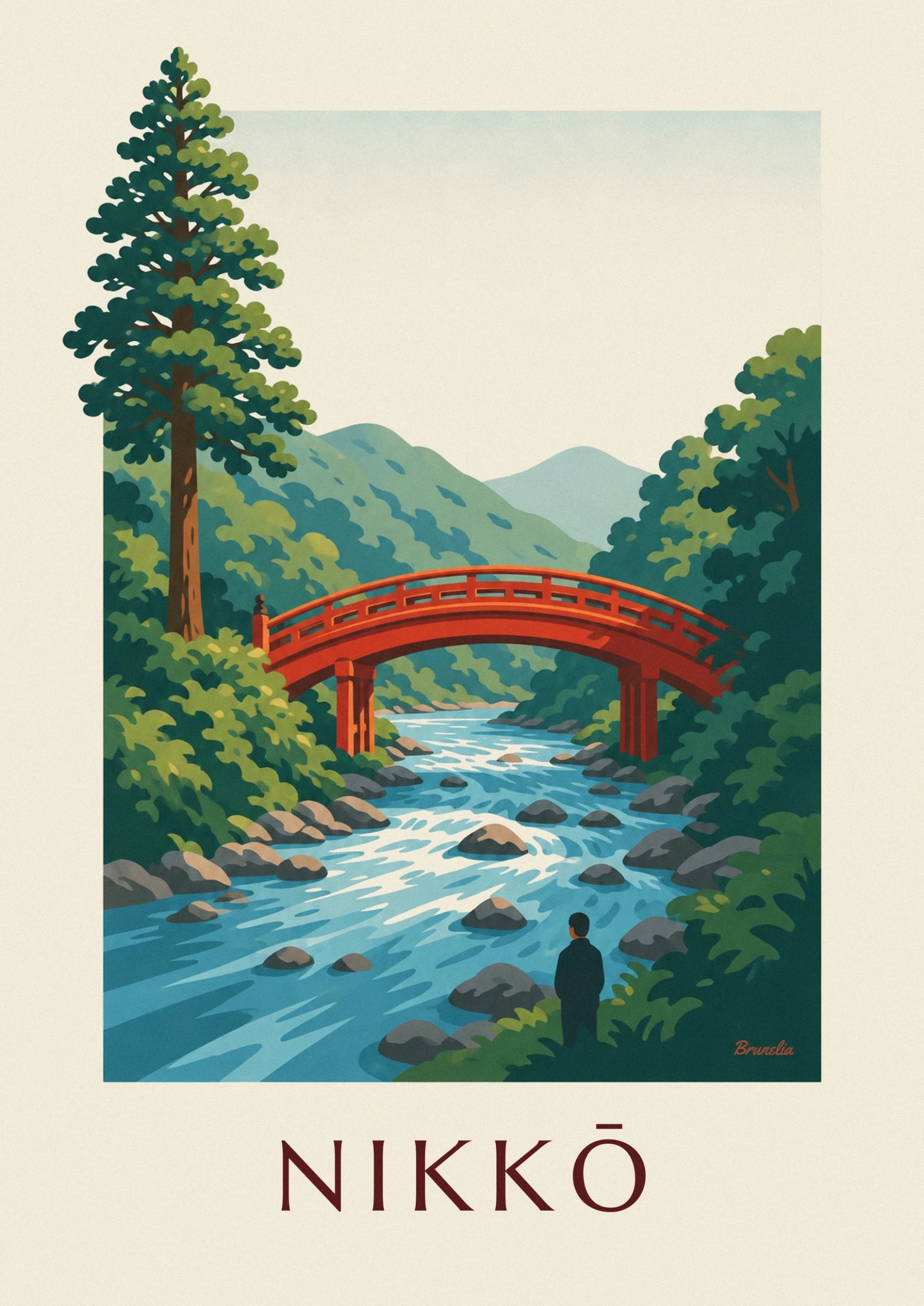 Le pont rouge Shinkyō au-dessus des eaux turquoise de la Daiya, entre les montagnes