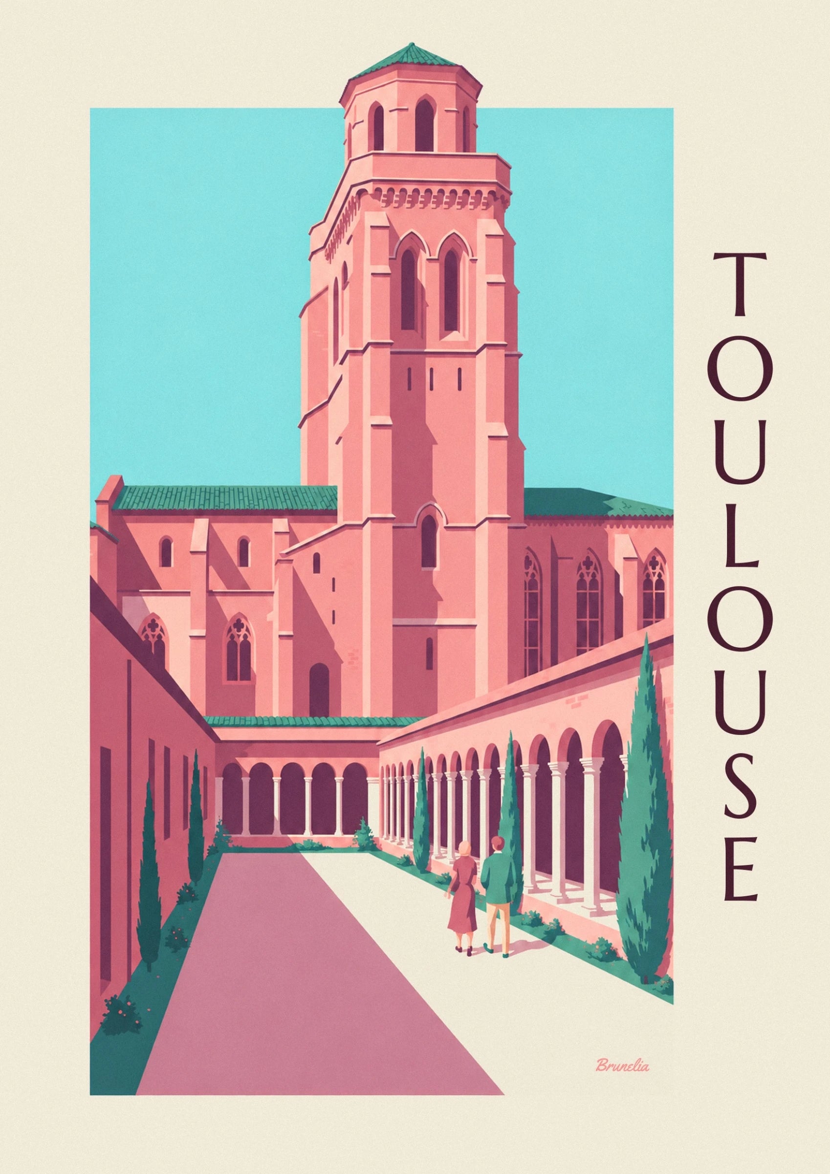 Le clocher rose aux baies élancées et au toit vert du couvent des Jacobins