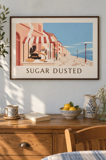 Affiche gaufres au sucre glace sur un stand de marché : encadrée au mur