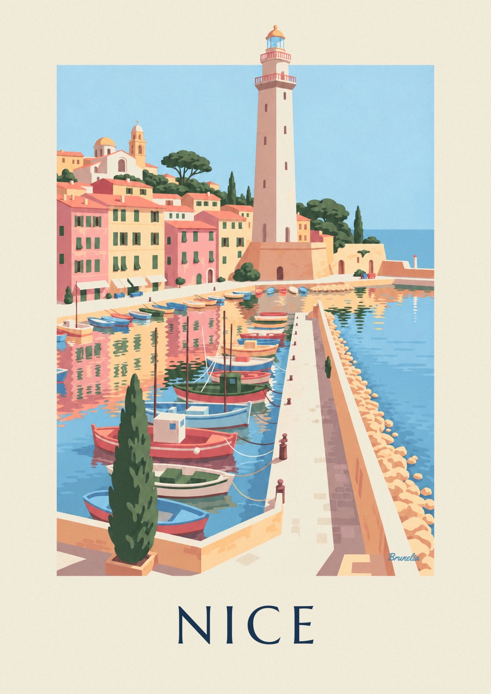 The slender lighthouse with pink balconies, between pastel façades and umbrella pines