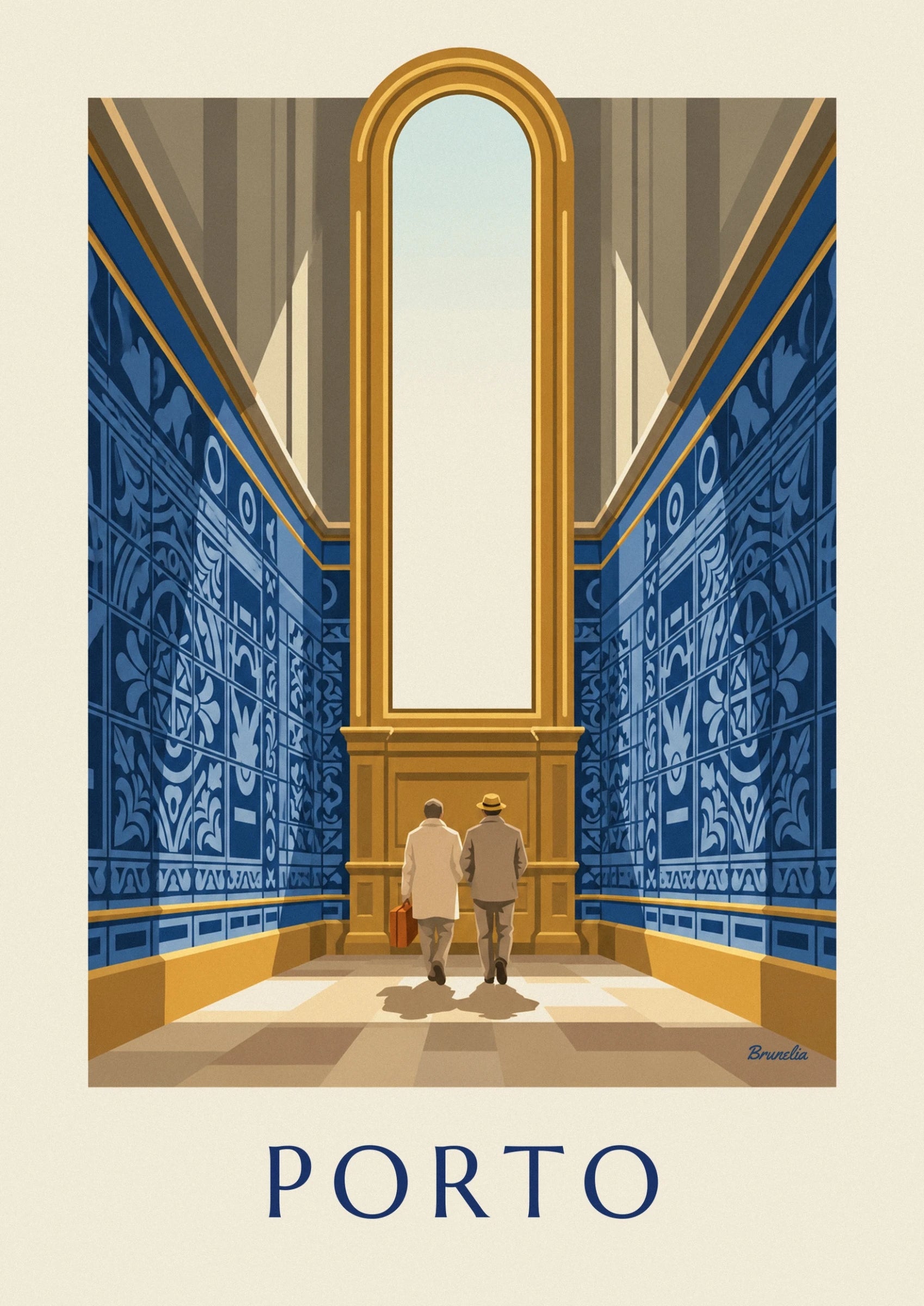 The 2 travellers seen from behind with a brown suitcase and a hat in front of the golden wood panelling