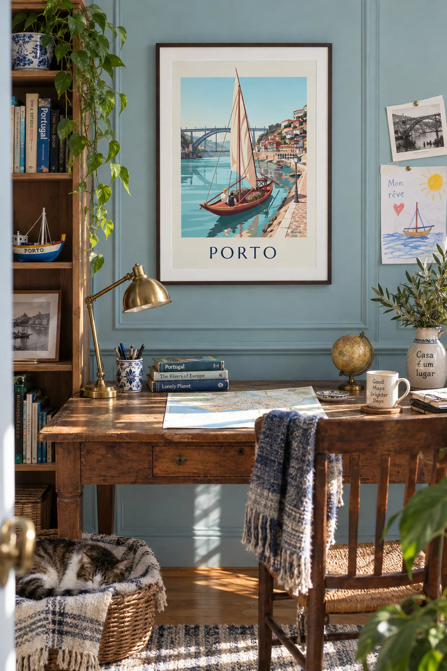 Poster of the Dom Luís I Bridge in Porto and a rabelo boat on the Douro: framed on the wall