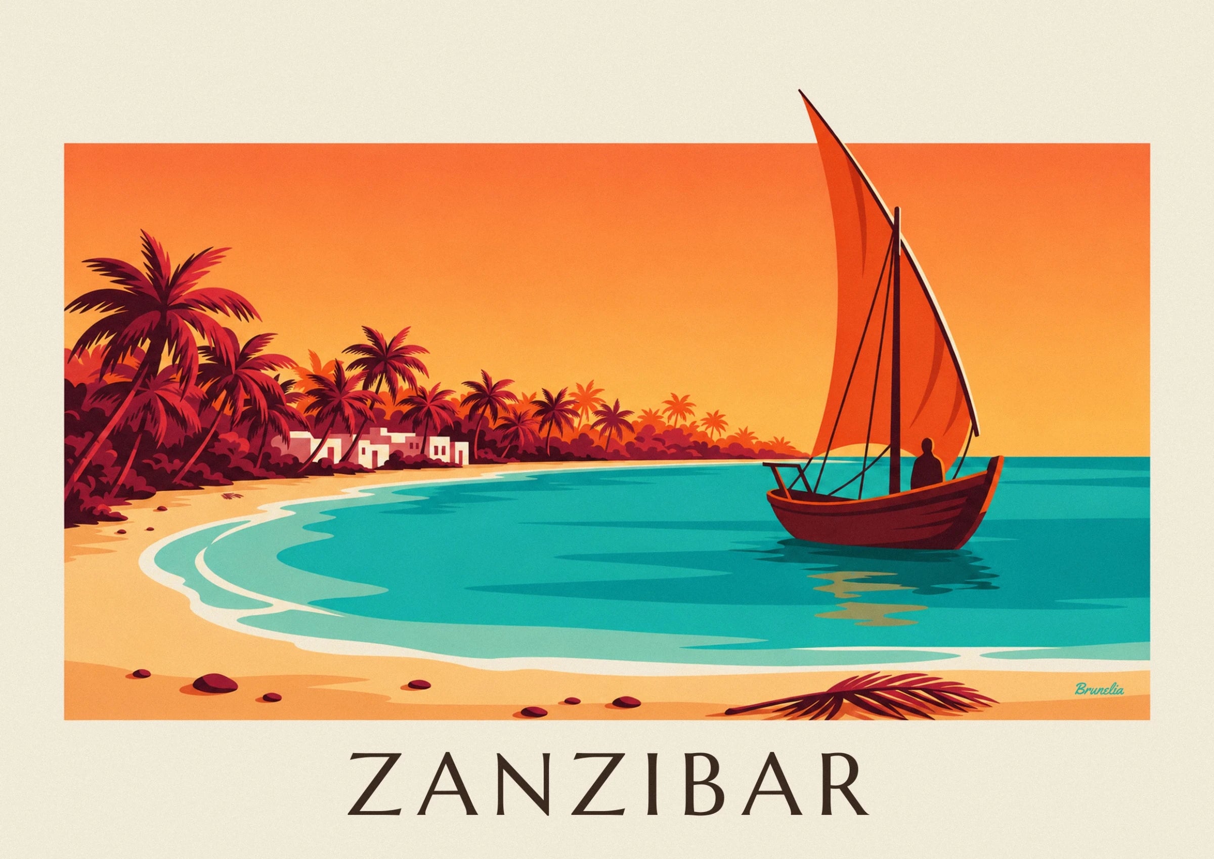 De dhow met oranje zeil en het silhouet van een zeiler op het turkooizen water