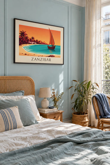 Affiche boutre au large de Zanzibar au coucher du soleil : encadrée au mur