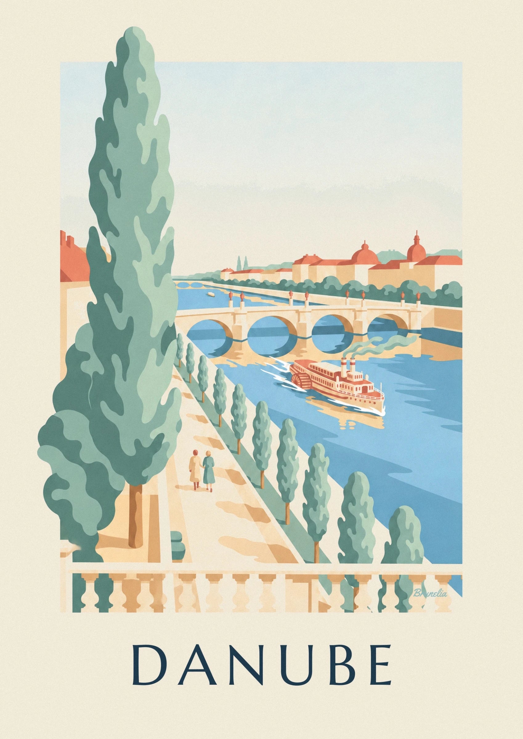 Le bateau à aubes crème et rouge sur le Danube, sous les arches du pont