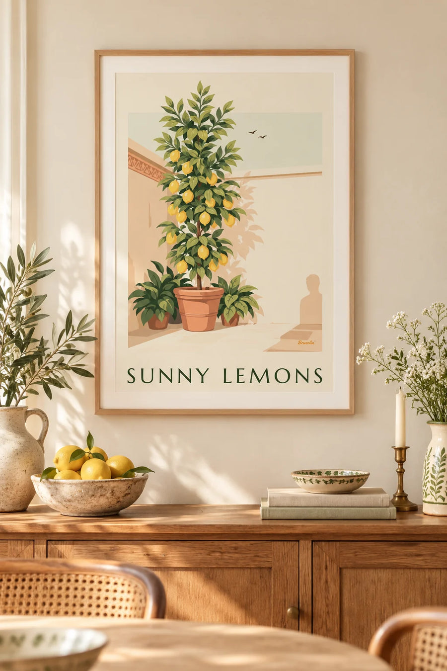 Affiche citronnier en pot de terre cuite et plantes vertes : encadrée au mur