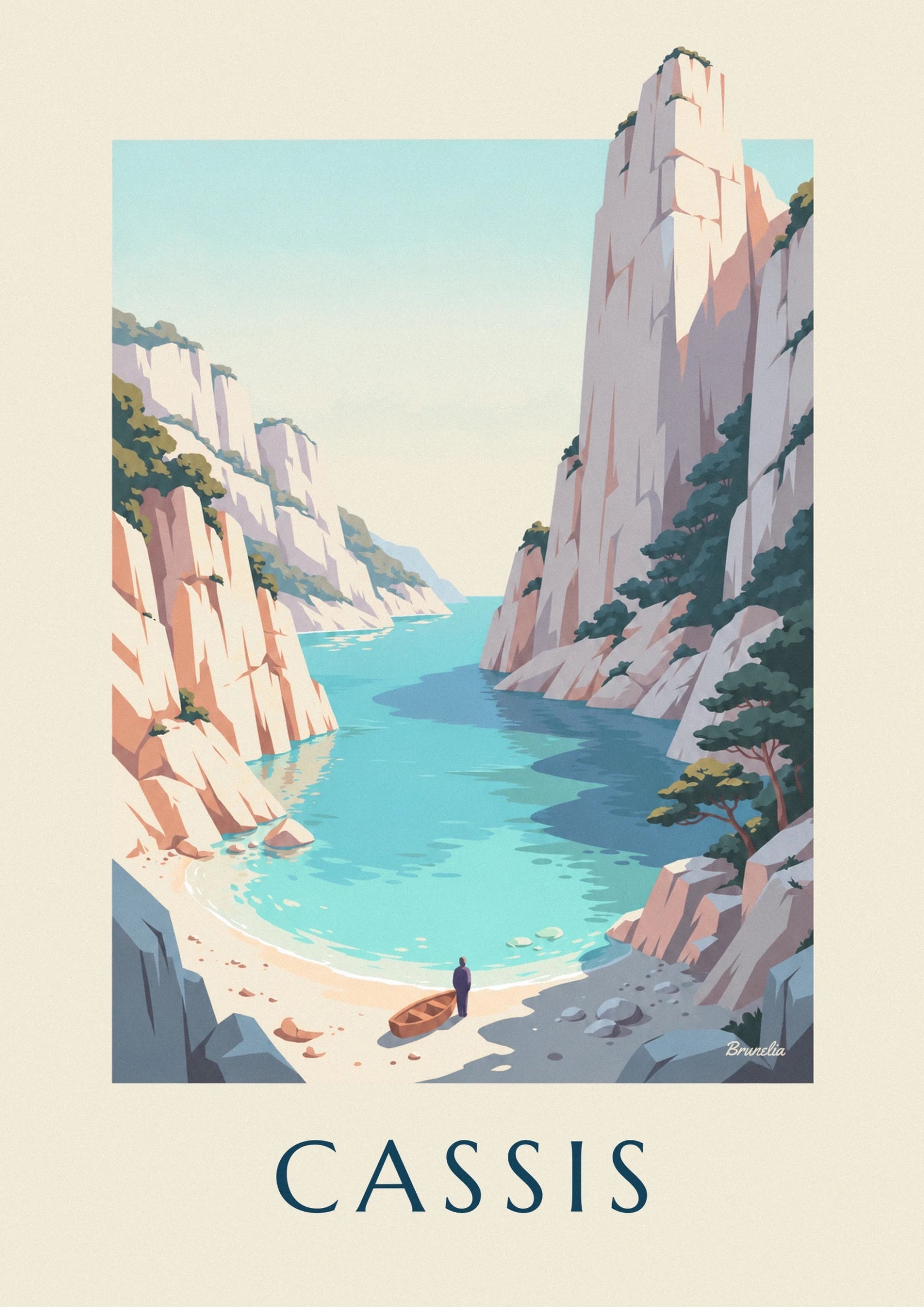 The tall cream and pink cliff, streaked with shadows and edged with greenery