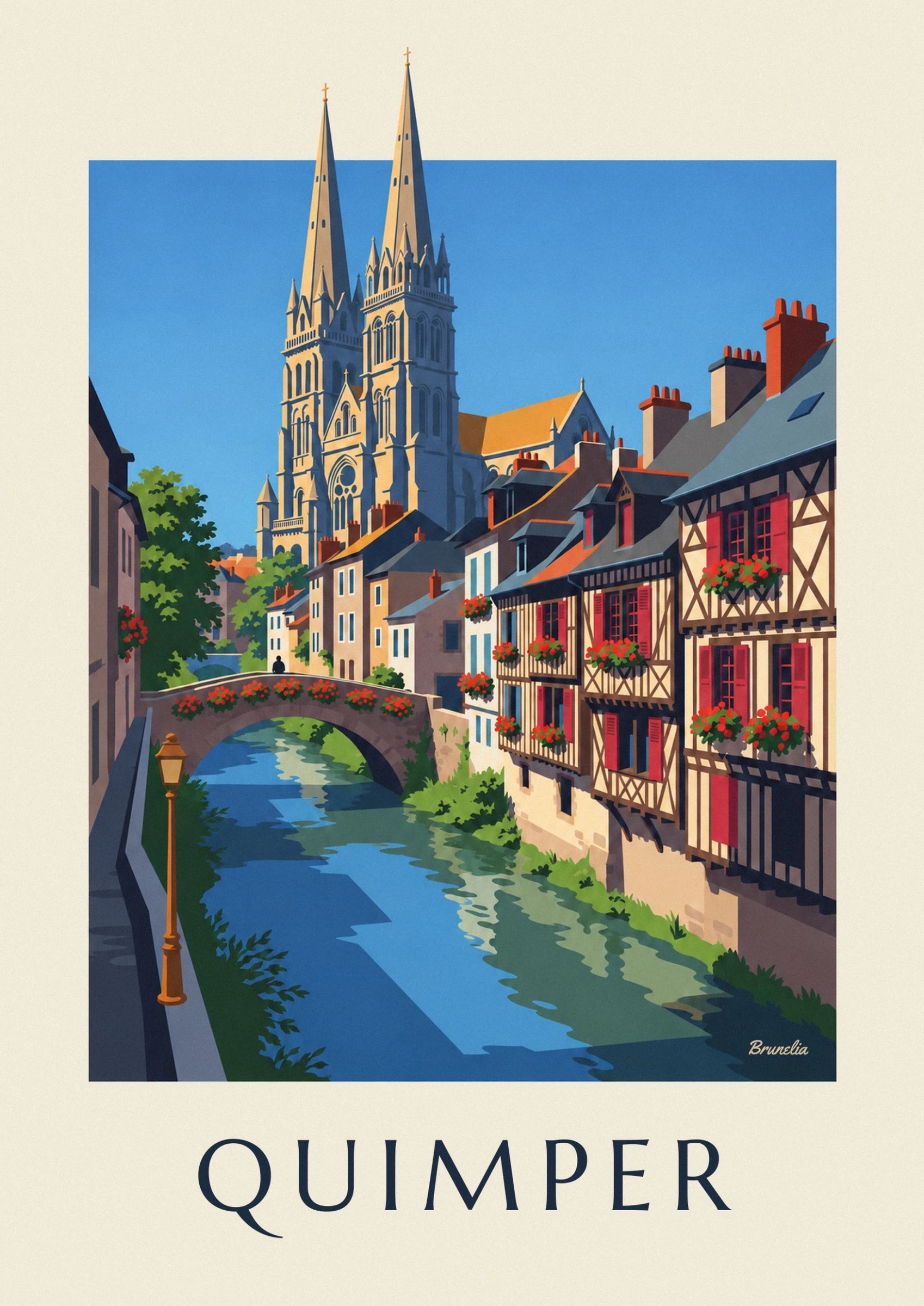 The 2 spires of Saint-Corentin cathedral above the rooftops of Quimper