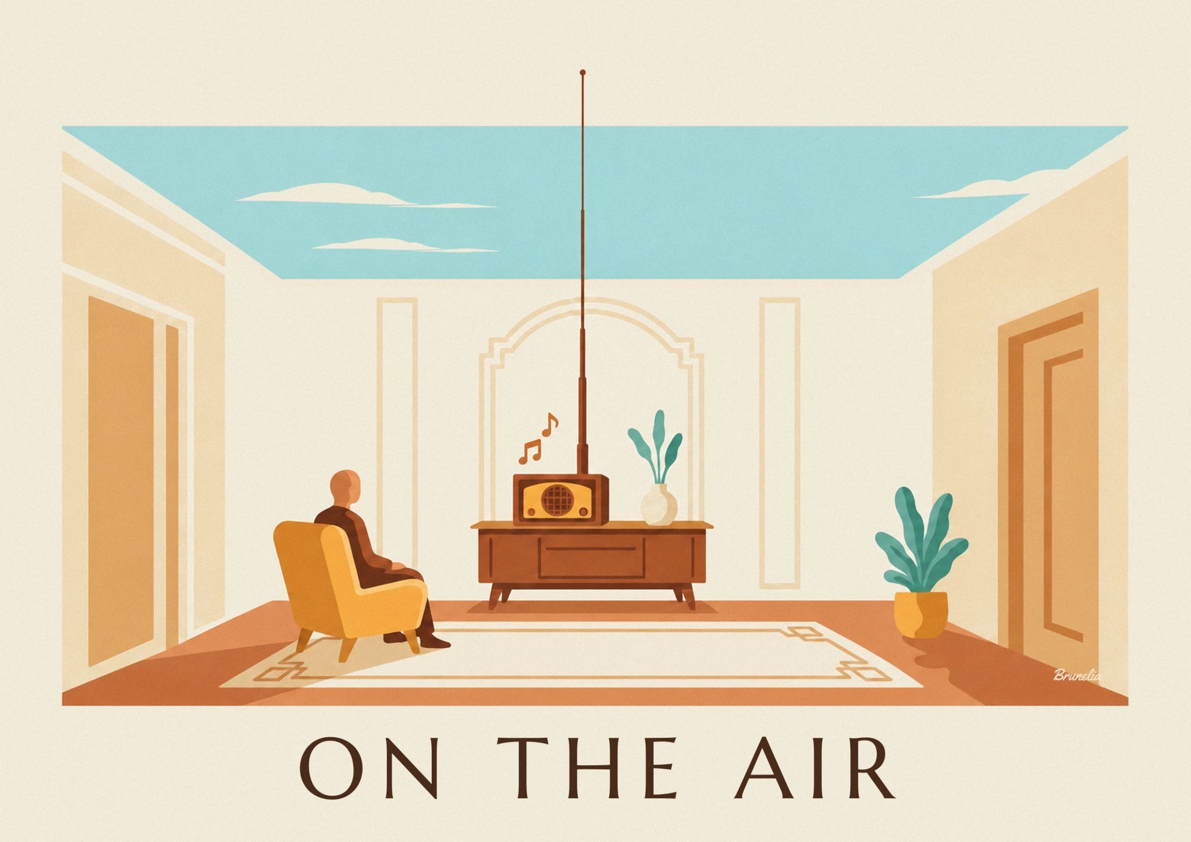 The wooden radio on a sideboard beside a vase of green leaves