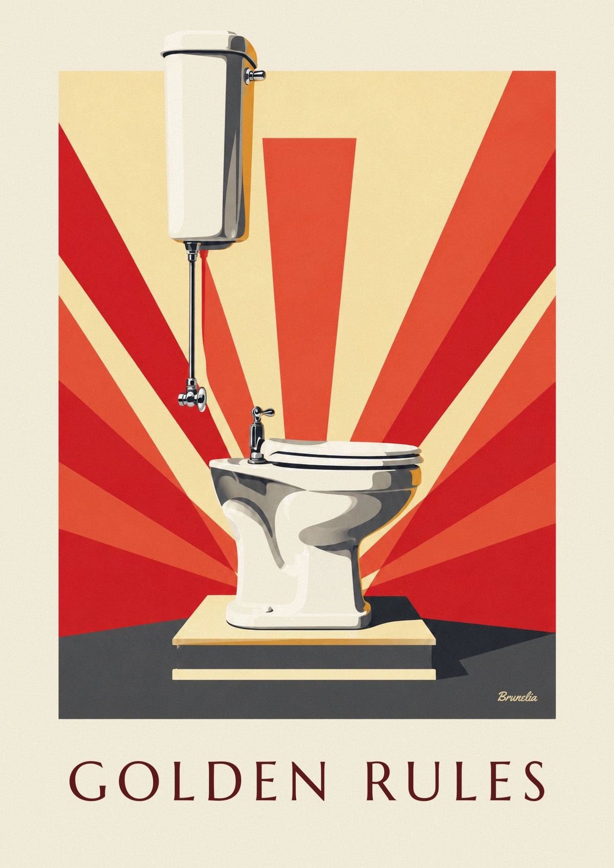 White toilet under the spotlights, golden rules poster