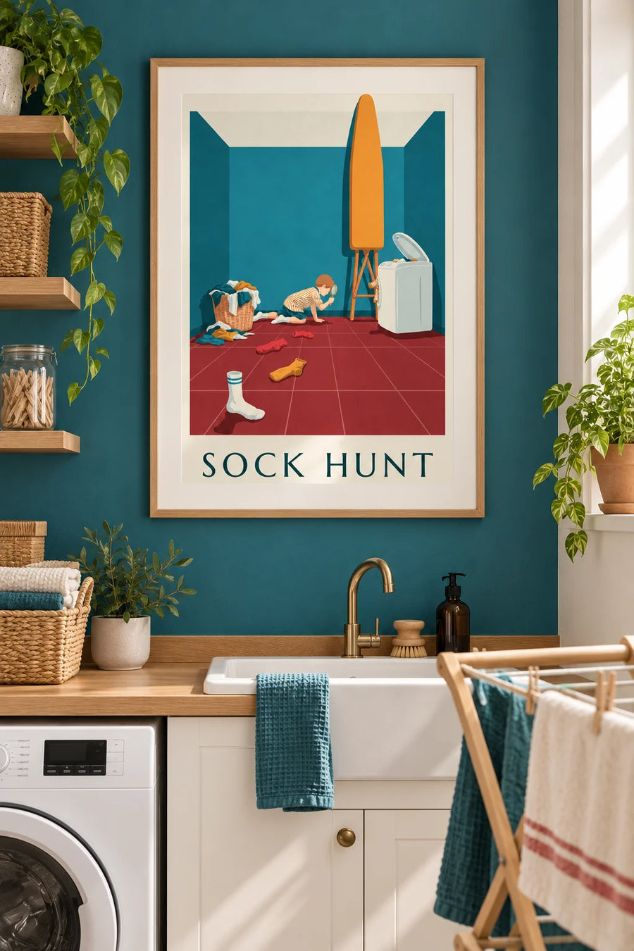 Humoristische poster van een jongen met vergrootglas op zoek naar sokken: ingelijst aan de muur